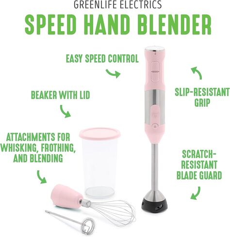 GreenLife Immersion Electric Handheld Stick Blender with Stainless Steel Blades, Whisk, Frother, Measuring Cup and Lid, Soups, Puree, Cake, Multi-Speed Control, Portable, Pink in Kuwait