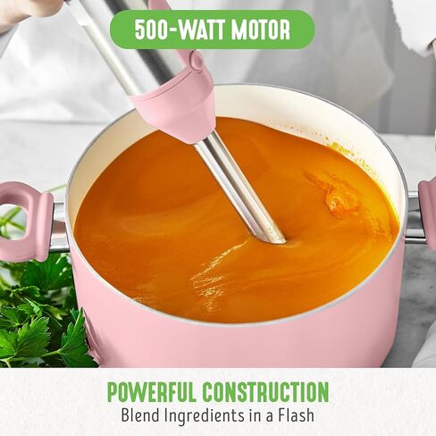 GreenLife Immersion Electric Handheld Stick Blender with Stainless Steel Blades, Whisk, Frother, Measuring Cup and Lid, Soups, Puree, Cake, Multi-Speed Control, Portable, Pink in Kuwait