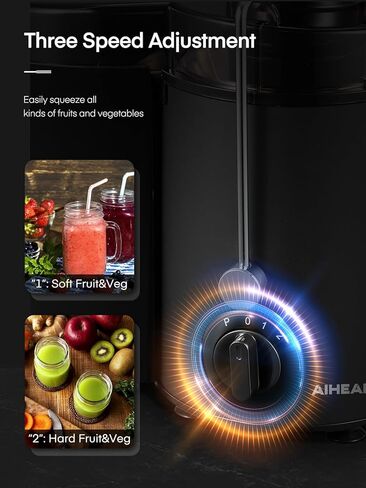 آلات عصارة، عصارة آيهيل للخضروات والفواكه سهلة التنظيف، عصارة طرد مركزي بفم عريض 3 بوصات، 3 سرعات للتحكم، نظام حماية من الحمل الزائد، فرشاة تنظيف ووصفة متضمنة، أسود in Kuwait