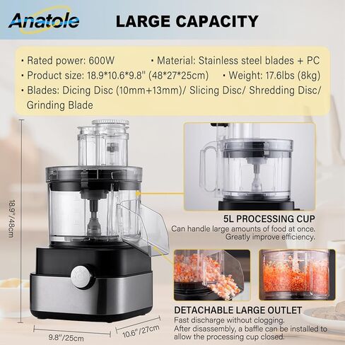Anatole Commercial Food Processor 20-Cup Electric Vegetable Dicer Chopper 600W 5 in 1 Professional Veggie Shredder Grater Multifunctional Meat Grinder Blender with 5 Stainless Steel Blades in Kuwait