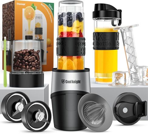 COOL KNIGHT Personal Blender, 500 Watts Smoothie Blender for Shakes and Smoothies, 10 pcs Kitchen Mixer Set with 20oz Sports Mug, Grinder Cup, 2 to-go lid, Freezer Rod and lemon squeezer,BPA free in Kuwait