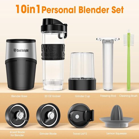COOL KNIGHT Personal Blender, 500 Watts Smoothie Blender for Shakes and Smoothies, 10 pcs Kitchen Mixer Set with 20oz Sports Mug, Grinder Cup, 2 to-go lid, Freezer Rod and lemon squeezer,BPA free in Kuwait
