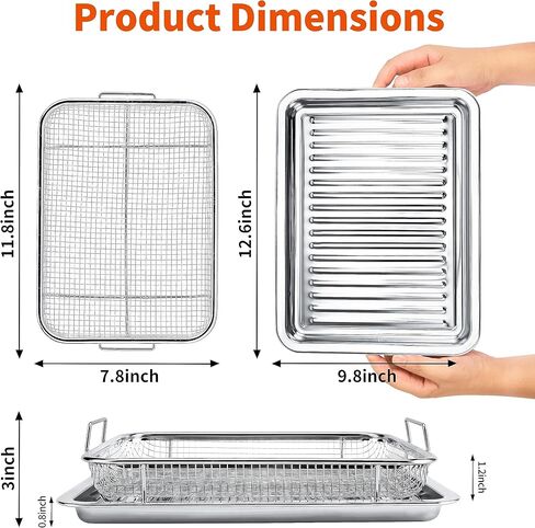 سلة مقلاة هوائية Winspxx للفرن، سلة مقلاة هوائية سميكة 18/8 من الفولاذ المقاوم للصدأ وصينية للخبز والأطعمة المقرمشة، 12.6 × 9.8 بوصة، حتى 450 درجة فهرنهايت، قطعتان من ملحقات مقلاة الهواء للفرن مع أوراق الخبز in Kuwait