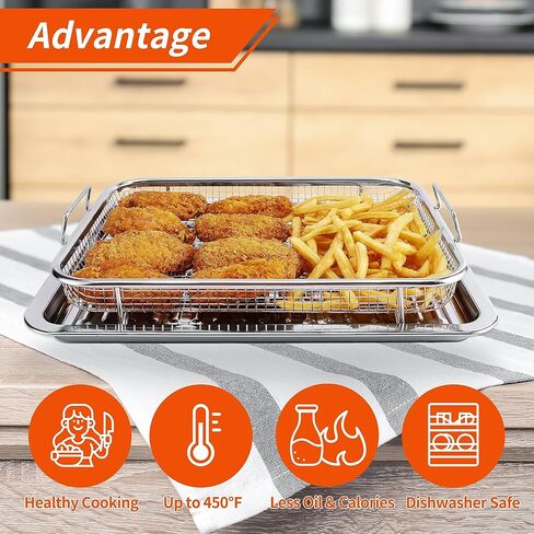 سلة مقلاة هوائية Winspxx للفرن، سلة مقلاة هوائية سميكة 18/8 من الفولاذ المقاوم للصدأ وصينية للخبز والأطعمة المقرمشة، 12.6 × 9.8 بوصة، حتى 450 درجة فهرنهايت، قطعتان من ملحقات مقلاة الهواء للفرن مع أوراق الخبز in Kuwait
