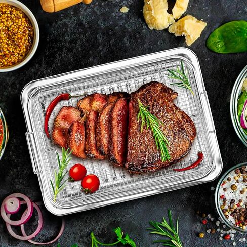 سلة مقلاة هوائية Winspxx للفرن، سلة مقلاة هوائية سميكة 18/8 من الفولاذ المقاوم للصدأ وصينية للخبز والأطعمة المقرمشة، 12.6 × 9.8 بوصة، حتى 450 درجة فهرنهايت، قطعتان من ملحقات مقلاة الهواء للفرن مع أوراق الخبز in Kuwait