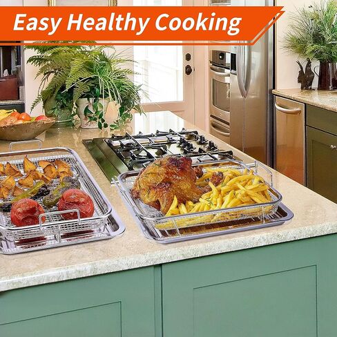 سلة مقلاة هوائية Winspxx للفرن، سلة مقلاة هوائية سميكة 18/8 من الفولاذ المقاوم للصدأ وصينية للخبز والأطعمة المقرمشة، 12.6 × 9.8 بوصة، حتى 450 درجة فهرنهايت، قطعتان من ملحقات مقلاة الهواء للفرن مع أوراق الخبز in Kuwait