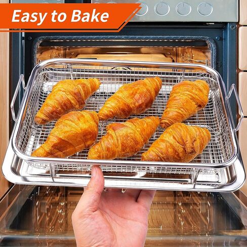 سلة مقلاة هوائية Winspxx للفرن، سلة مقلاة هوائية سميكة 18/8 من الفولاذ المقاوم للصدأ وصينية للخبز والأطعمة المقرمشة، 12.6 × 9.8 بوصة، حتى 450 درجة فهرنهايت، قطعتان من ملحقات مقلاة الهواء للفرن مع أوراق الخبز in Kuwait