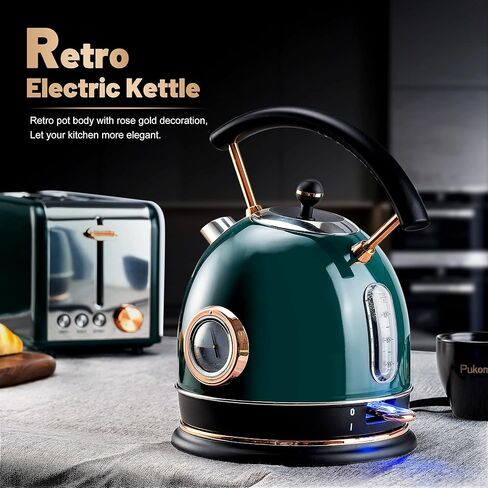 غلاية كهربائية Pukomc Retro غلاية شاي من الفولاذ المقاوم للصدأ سعة 1.8 لتر، غلاية مياه ساخنة مع مقياس درجة الحرارة، ضوء LED، غليان سريع، إيقاف تلقائي وحماية من الغليان الجاف (أبيض) in Kuwait