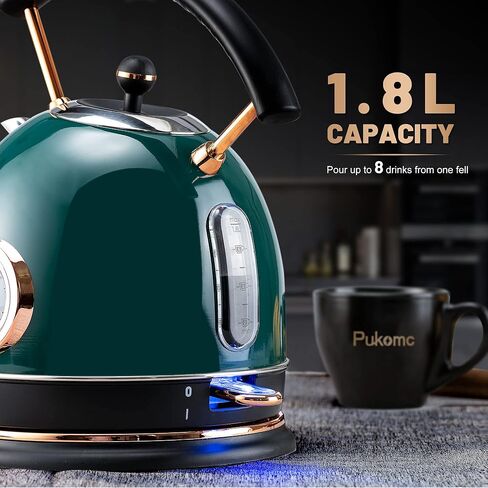 غلاية كهربائية Pukomc Retro غلاية شاي من الفولاذ المقاوم للصدأ سعة 1.8 لتر، غلاية مياه ساخنة مع مقياس درجة الحرارة، ضوء LED، غليان سريع، إيقاف تلقائي وحماية من الغليان الجاف (أبيض) in Kuwait