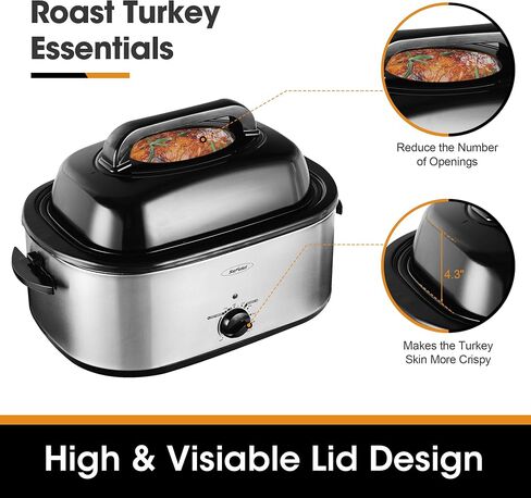 Sunvivi 14-Quart Electric Roaster Oven with Self-Basting Lid, Turkey Roaster Oven with Removable Pan and Rack, Stainless Steel, Silver in Saudi Arabia