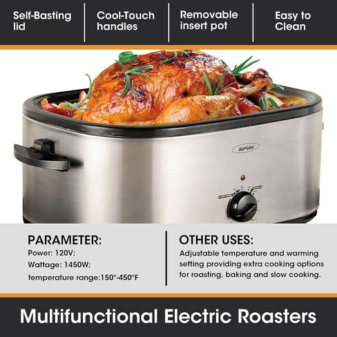 Sunvivi 14-Quart Electric Roaster Oven with Self-Basting Lid, Turkey Roaster Oven with Removable Pan and Rack, Stainless Steel, Silver in Saudi Arabia