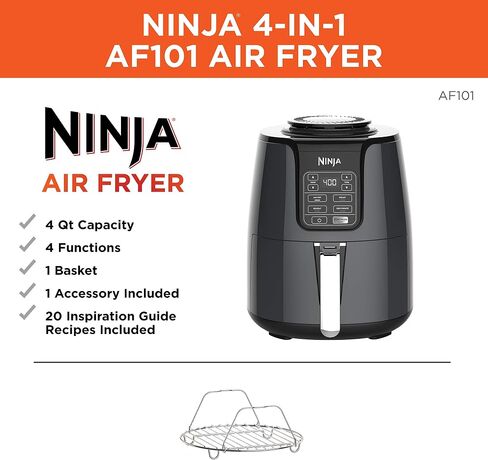 Ninja Air Fryer, 1550-Watt Programmable Base for Air Frying, Roasting, Reheating & Dehydrating with 4-Quart Ceramic Coated Basket (AF101), Black/Gray (Renewed) in Saudi Arabia