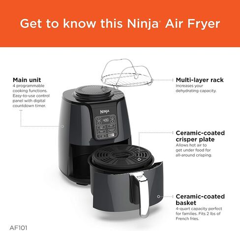 Ninja Air Fryer, 1550-Watt Programmable Base for Air Frying, Roasting, Reheating & Dehydrating with 4-Quart Ceramic Coated Basket (AF101), Black/Gray (Renewed) in Saudi Arabia
