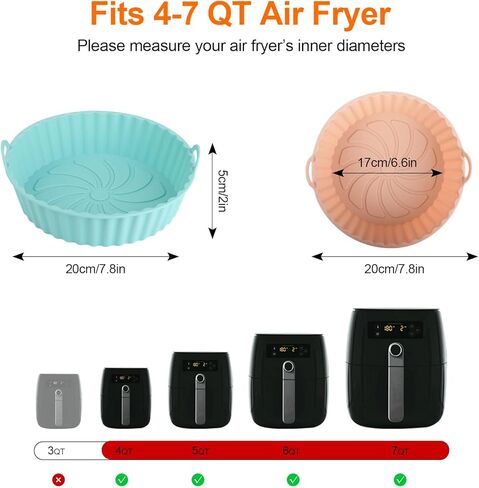 Houjip 2 Pack Air Fryer Silicone Liners,7.8 inch Reusable Air Fryer Silicone Pot Round,Heat Resistant Easy Cleaning Silicone Air Fryer Basket for 4 to 7QT(7.8 inch,Pink+Green) in Saudi Arabia