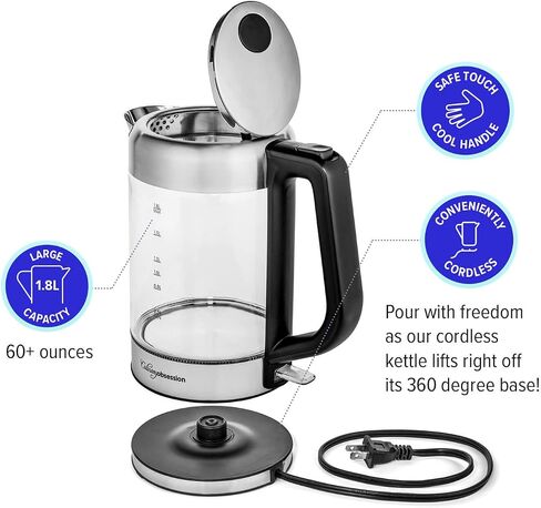 Glass Electric Kettle | BPA Free with Borosilicate Glass & Stainless Steel - 1.8 Liter Rapid Boil Cordless Teapot with Automatic Shut Off - the Best Hot Water Heater for Tea, Coffee, Soup, and More! in Saudi Arabia