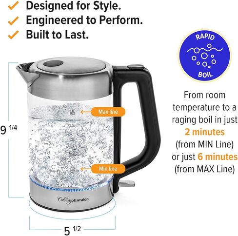 Glass Electric Kettle | BPA Free with Borosilicate Glass & Stainless Steel - 1.8 Liter Rapid Boil Cordless Teapot with Automatic Shut Off - the Best Hot Water Heater for Tea, Coffee, Soup, and More! in Saudi Arabia
