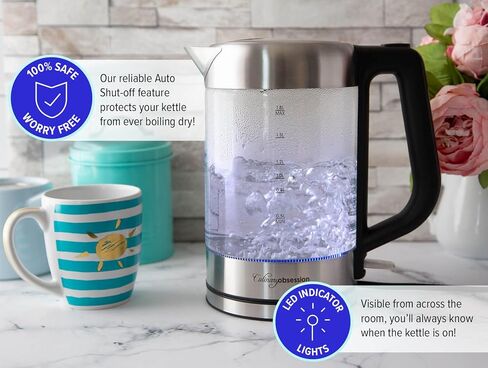 Glass Electric Kettle | BPA Free with Borosilicate Glass & Stainless Steel - 1.8 Liter Rapid Boil Cordless Teapot with Automatic Shut Off - the Best Hot Water Heater for Tea, Coffee, Soup, and More! in Saudi Arabia