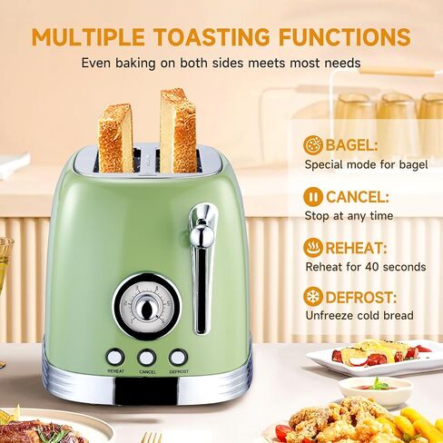 Wiltal Green Cute Retro Toaster 2 Slice with 1.58" Wide Slots, with Stainless Steel Lid, with Warming Rack, Preheat, Defrost, Countdown Timer Display in Saudi Arabia