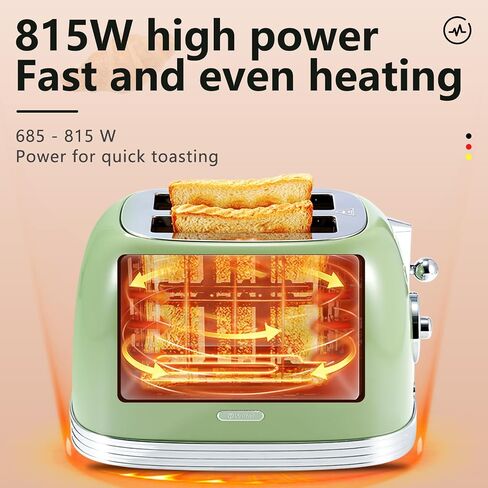 Wiltal Green Cute Retro Toaster 2 Slice with 1.58" Wide Slots, with Stainless Steel Lid, with Warming Rack, Preheat, Defrost, Countdown Timer Display in Saudi Arabia