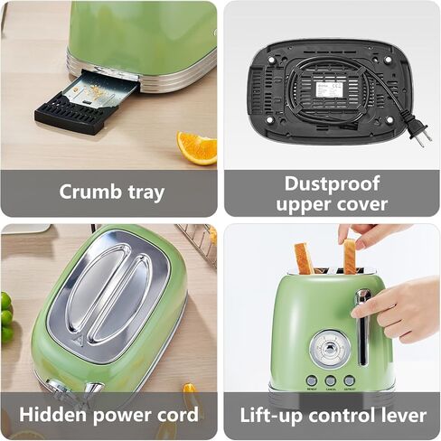 Wiltal Green Cute Retro Toaster 2 Slice with 1.58" Wide Slots, with Stainless Steel Lid, with Warming Rack, Preheat, Defrost, Countdown Timer Display in Saudi Arabia