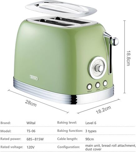 Wiltal Green Cute Retro Toaster 2 Slice with 1.58" Wide Slots, with Stainless Steel Lid, with Warming Rack, Preheat, Defrost, Countdown Timer Display in Saudi Arabia