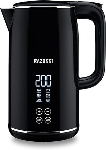 غلاية كهربائية رازوري، شاشة رقمية LED للتحكم بنقرة واحدة، 1.7 لتر خالية من مادة BPA، جدار مزدوج معزول من الفولاذ المقاوم للصدأ، حماية من الغليان الجاف، تحافظ على الدفء للشاي والقهوة، باردة الملمس، لاسلكية، أسود in Kuwait