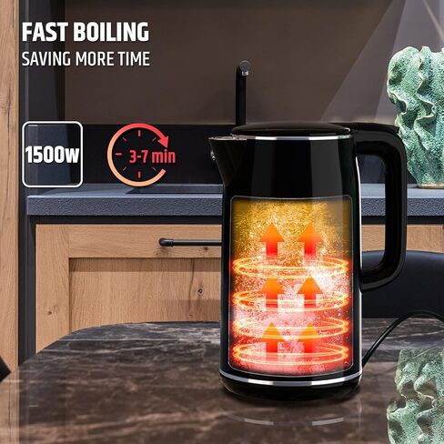 غلاية كهربائية رازوري، شاشة رقمية LED للتحكم بنقرة واحدة، 1.7 لتر خالية من مادة BPA، جدار مزدوج معزول من الفولاذ المقاوم للصدأ، حماية من الغليان الجاف، تحافظ على الدفء للشاي والقهوة، باردة الملمس، لاسلكية، أسود in Kuwait