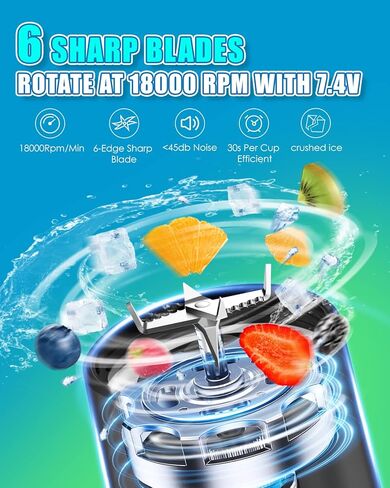 خلاط محمول للعصائر والمخفوقات، خلاط شخصي قابل لإعادة الشحن عبر USB مع 6 شفرات من الفولاذ المقاوم للصدأ، خلاط صغير بوزن 17 أونصة وخالي من مادة BPA، خلاط محمول بالحجم الشخصي للمنزل/السفر/الخارج/صالة الألعاب الرياضية in Kuwait