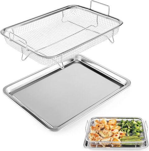 Large Air fryer Basket for oven,15.4"x 11.6"x 2.2" 2 Piece Stainless Steel Air Fryer Tray and accessories Crisping Basket Tray Set Healthy Oven Cooking for Fries/Bacon/Chicken (Silver) in Kuwait