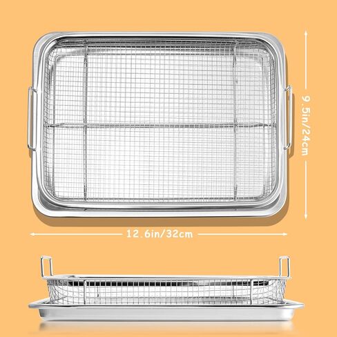 Large Air fryer Basket for oven,15.4"x 11.6"x 2.2" 2 Piece Stainless Steel Air Fryer Tray and accessories Crisping Basket Tray Set Healthy Oven Cooking for Fries/Bacon/Chicken (Silver) in Kuwait