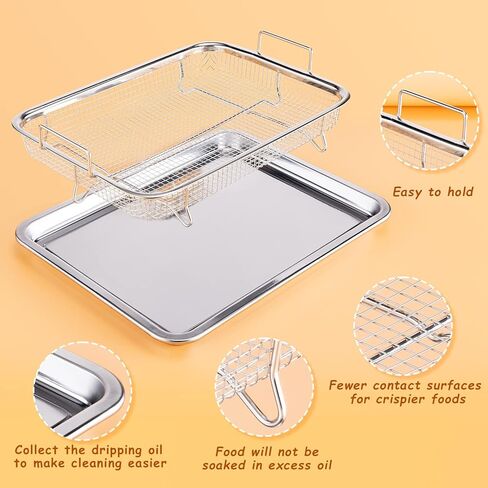 Large Air fryer Basket for oven,15.4"x 11.6"x 2.2" 2 Piece Stainless Steel Air Fryer Tray and accessories Crisping Basket Tray Set Healthy Oven Cooking for Fries/Bacon/Chicken (Silver) in Kuwait