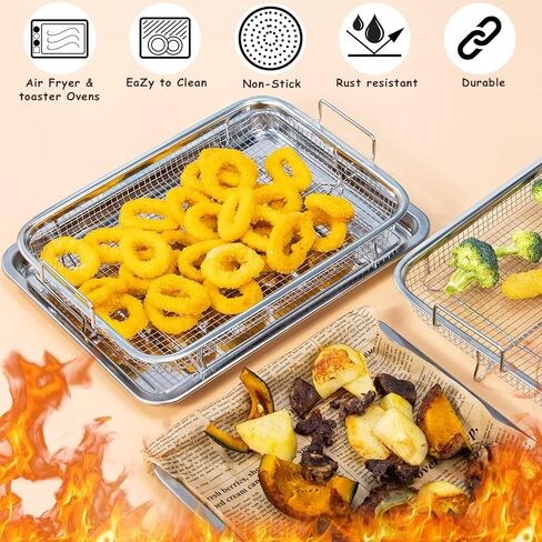 Large Air fryer Basket for oven,15.4"x 11.6"x 2.2" 2 Piece Stainless Steel Air Fryer Tray and accessories Crisping Basket Tray Set Healthy Oven Cooking for Fries/Bacon/Chicken (Silver) in Kuwait