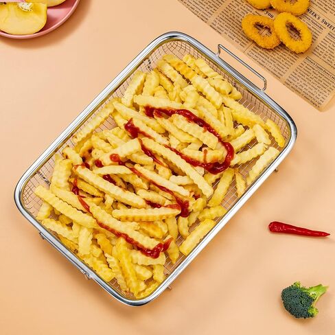 Large Air fryer Basket for oven,15.4"x 11.6"x 2.2" 2 Piece Stainless Steel Air Fryer Tray and accessories Crisping Basket Tray Set Healthy Oven Cooking for Fries/Bacon/Chicken (Silver) in Kuwait