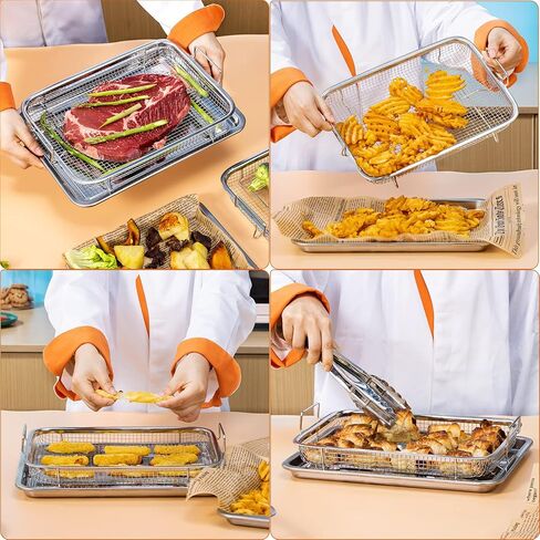 Large Air fryer Basket for oven,15.4"x 11.6"x 2.2" 2 Piece Stainless Steel Air Fryer Tray and accessories Crisping Basket Tray Set Healthy Oven Cooking for Fries/Bacon/Chicken (Silver) in Kuwait