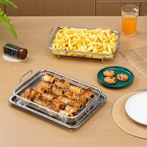 Large Air fryer Basket for oven,15.4"x 11.6"x 2.2" 2 Piece Stainless Steel Air Fryer Tray and accessories Crisping Basket Tray Set Healthy Oven Cooking for Fries/Bacon/Chicken (Silver) in Kuwait