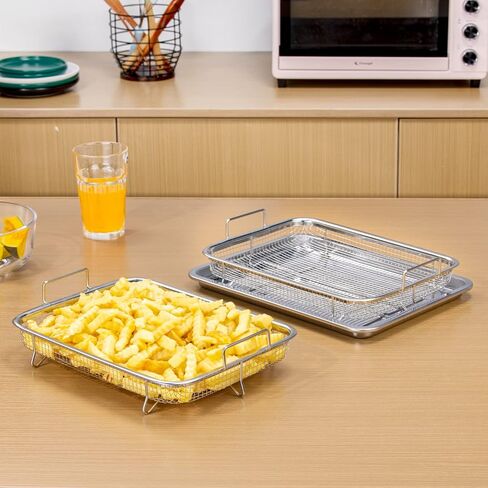 Large Air fryer Basket for oven,15.4"x 11.6"x 2.2" 2 Piece Stainless Steel Air Fryer Tray and accessories Crisping Basket Tray Set Healthy Oven Cooking for Fries/Bacon/Chicken (Silver) in Kuwait