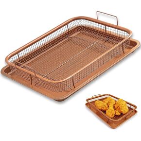Air Fryer Basket, Air Fryer Tray for Oven, 12.8"x9.6" Copper Non-Stick Air Fryer Basket for Oven with Mesh Crisping Grill Basket Tray Bakeware Air Fryer Accessories (2pcs)