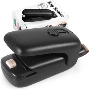 Mini Chip Bag Sealer, Handheld Heat Vacuum Sealer and Cutter, Portable Chip Bag Resealer Machine for Snack Plastic Fresh Bags Cookies - Black - 2xAA Batteries Included
