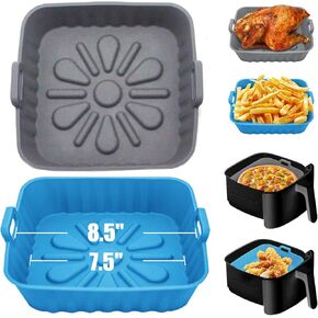 REY&SHAW 2-Pack Silicone Air fryer Basket Square liners 8.5inch Reusable Air Fryer Silicone Pot Food-grade Non-stick Large Air Fryer Baking Tray for Oven Accessories 6 to 9QT (Blue+Grey) in Saudi Arabia