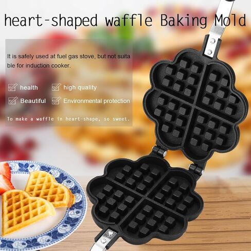 Heart Shape Cast Iron Waffle Maker, Non-stick Double Side Waffle Cake Mold Pot for Household Cafe Restaurant in Saudi Arabia