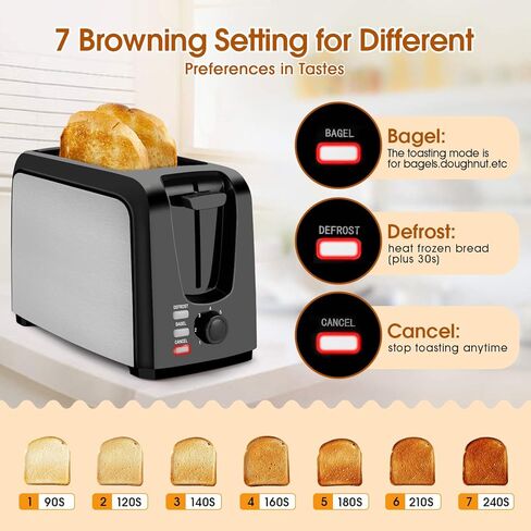 Toaster 2 Slice Stainless Steel Toaster Two Slice Toaster with Removable Crumb Tray Toaster Wide Slot Toasters 2 Slice Best Rated Prime with 7 Bread Shade Settings and Bagel, Defrost, Cancel Function for Bread in Kuwait