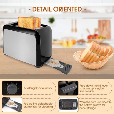 Toaster 2 Slice Stainless Steel Toaster Two Slice Toaster with Removable Crumb Tray Toaster Wide Slot Toasters 2 Slice Best Rated Prime with 7 Bread Shade Settings and Bagel, Defrost, Cancel Function for Bread in Kuwait
