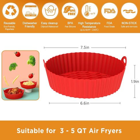 2Pack Air Fryer Silicone Liners 7.5 inch Air Fryer Liners Reusable 3 to 5 Qt Air Fryer Basket Easy Cleaning Heat Resistant Air Fryer Silicone Pot Round Air Fryer Liners Air Fryer Accessories(Pink+Red) in Saudi Arabia