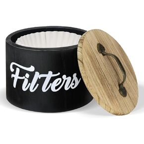 Coffee Filter Holder, Farmhouse Coffee Filter Storage Container / Dispenser with Lid, Coffee Bar Accessories Organizer for Decor, Wooden Coffee Filter Basket for Counter, Black