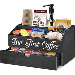 Coffee Station Organizer, Wood K Cup Pods Holder with Drawer, Countertop Bar Accessories Tea Bag Condiment Organizer for Decor, Lovers Gift