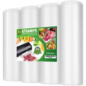 ATSAMFR (إجمالي 200 قدم) 11 × 50 لفة 4 عبوات أكياس طعام مانعة للتسرب خالية من البيسفينول A، شديدة التحمل، رائعة للتخزين في الهواء الطلق أو الطبخ بالفيديو