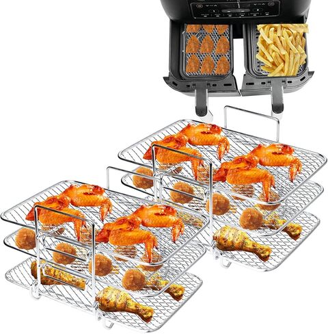 رف مقلاة هوائية متوافق مع مقلاة نينجا DZ201 DZ401 XL الكهربائية ذات سلتين (عبوتان)، رف شواء متعدد الطبقات، رف شواء مزدوج السلة، رف مقلاة هوائية من الستانلس ستيل 304 in Kuwait