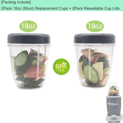 أكواب الخلاط والأغطية المسطحة من WTPLY قطع بديلة متوافقة مع عصارة خلاط أكواب Nutribullet بقدرة 600 وات، 900 وات، كوب 18 أونصة، أغطية قابلة لإعادة الإغلاق مع حشية وكوب بديل (قطعة واحدة) in Kuwait