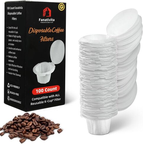 100 Count Fanativita K Cup Filters Disposable with Genius Lid Design, Fit All Reusable K Cups for Keurig (Unbleached) in Kuwait