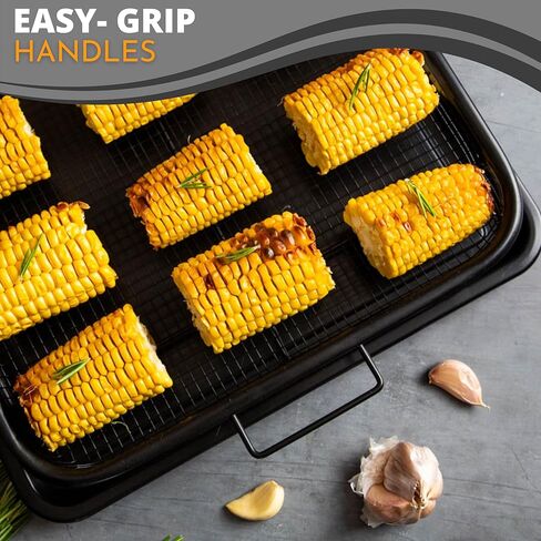 سلة مقلاة هوائية للفرن، صينية مقلاة هوائية، صينية مقرمشة غير لاصقة، صينية خبز فرن مع شبكة مرتفعة، طقم مكون من قطعتين كبير جدًا 13 بوصة × 19 بوصة أسود - من نوفا in Kuwait